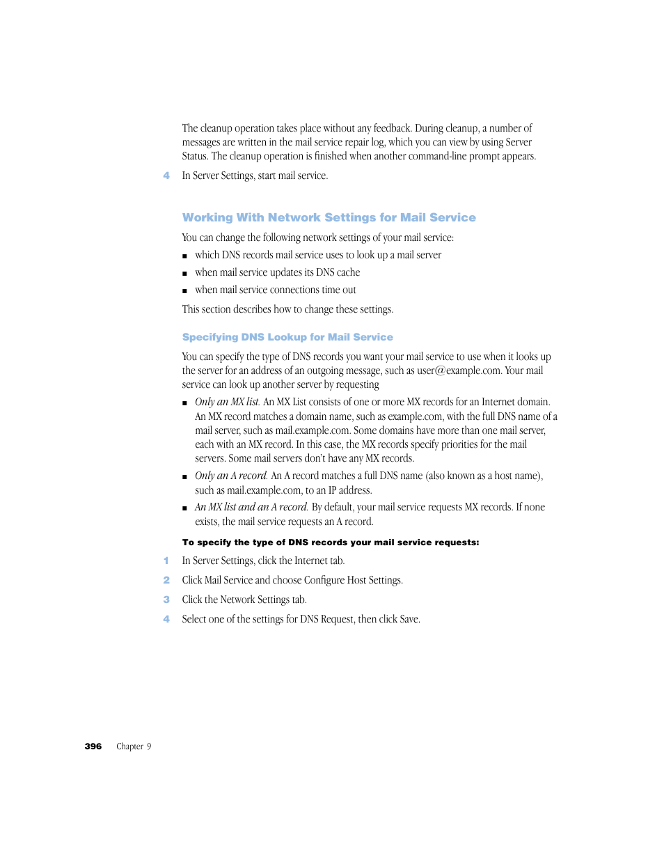 Working with network settings for mail service, Specifying dns lookup for mail service | Apple Mac OS X Server (Administrator’s Guide) User Manual | Page 396 / 622