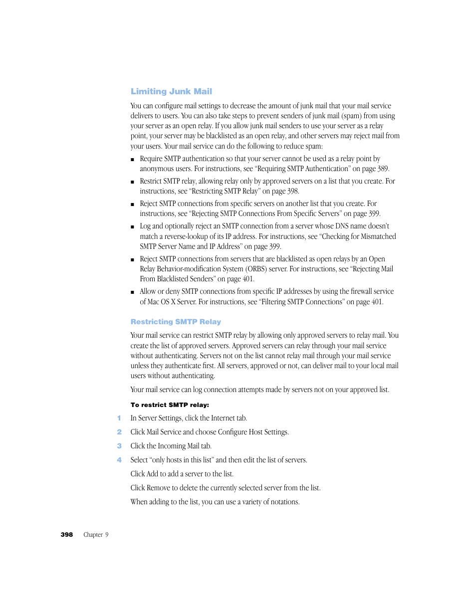 Limiting junk mail, Restricting smtp relay | Apple Mac OS X Server (Administrator’s Guide) User Manual | Page 398 / 622