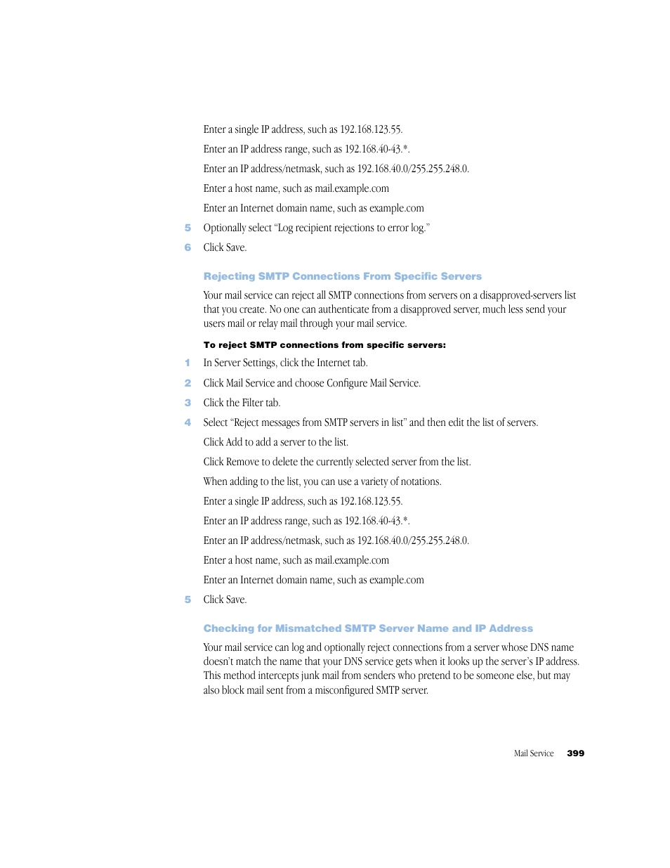 Rejecting smtp connections from specific servers | Apple Mac OS X Server (Administrator’s Guide) User Manual | Page 399 / 622