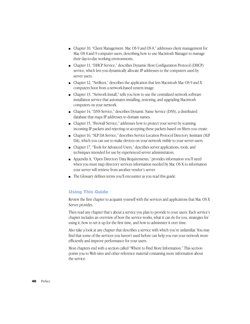Using this guide | Apple Mac OS X Server (Administrator’s Guide) User Manual | Page 40 / 622