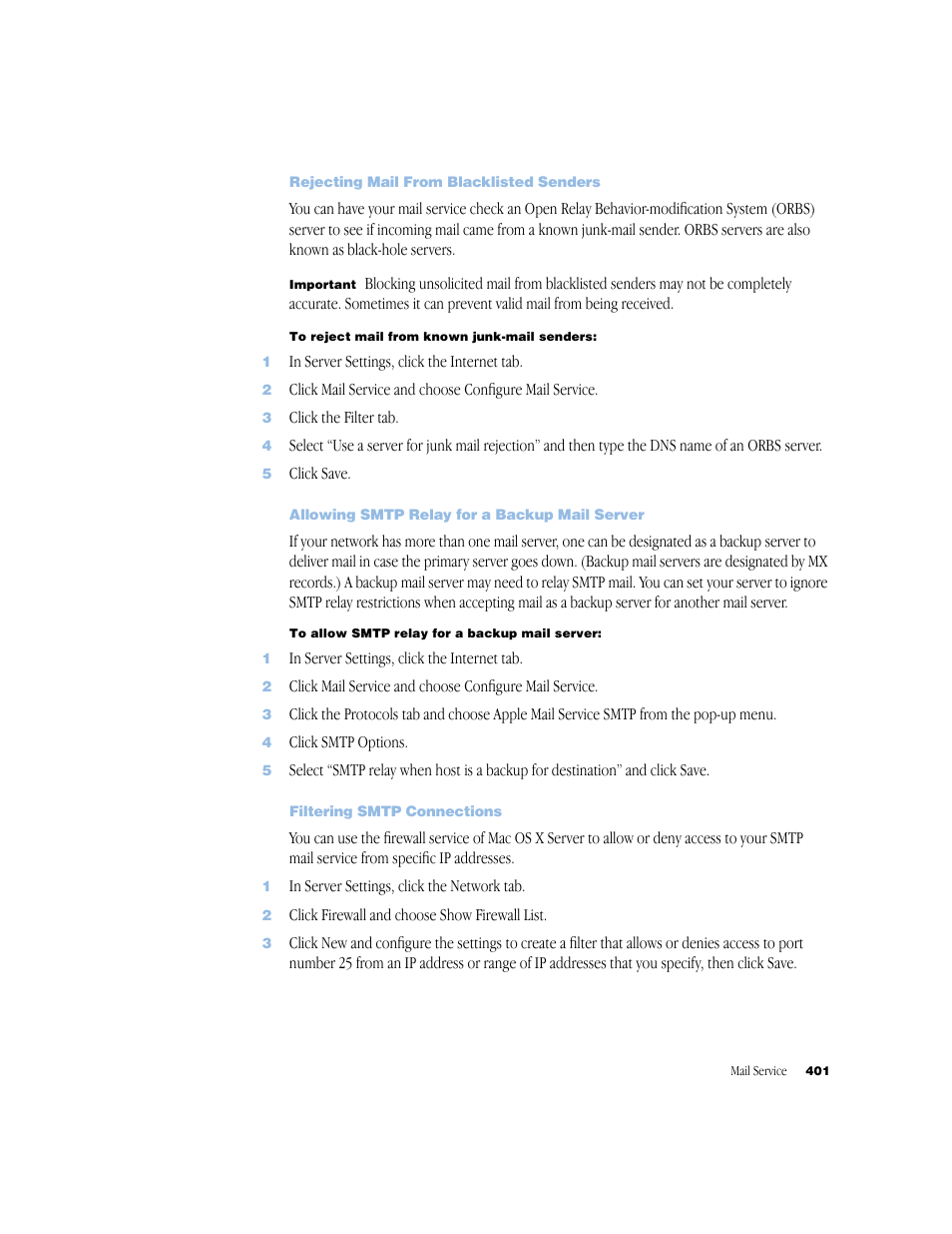 Rejecting mail from blacklisted senders, Allowing smtp relay for a backup mail server, Filtering smtp connections | Apple Mac OS X Server (Administrator’s Guide) User Manual | Page 401 / 622