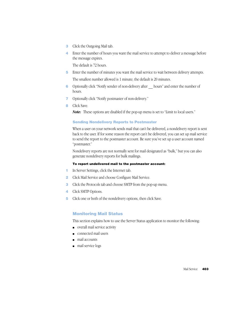 Sending nondelivery reports to postmaster, Monitoring mail status | Apple Mac OS X Server (Administrator’s Guide) User Manual | Page 403 / 622