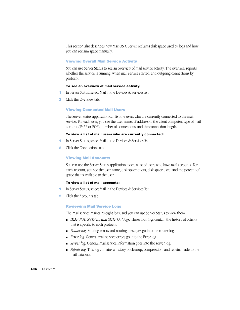 Viewing overall mail service activity, Viewing connected mail users, Viewing mail accounts | Reviewing mail service logs | Apple Mac OS X Server (Administrator’s Guide) User Manual | Page 404 / 622