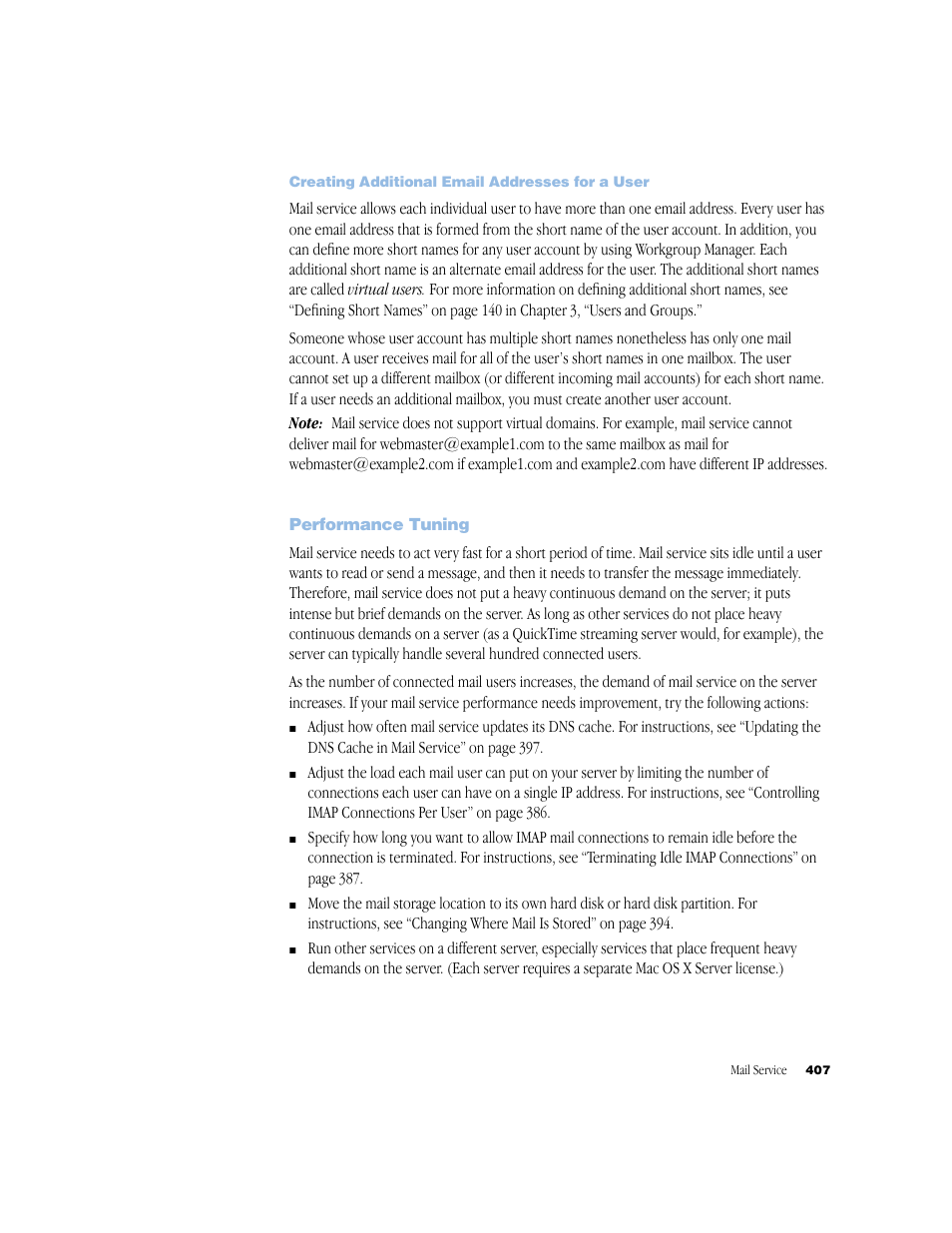 Creating additional email addresses for a user, Performance tuning | Apple Mac OS X Server (Administrator’s Guide) User Manual | Page 407 / 622