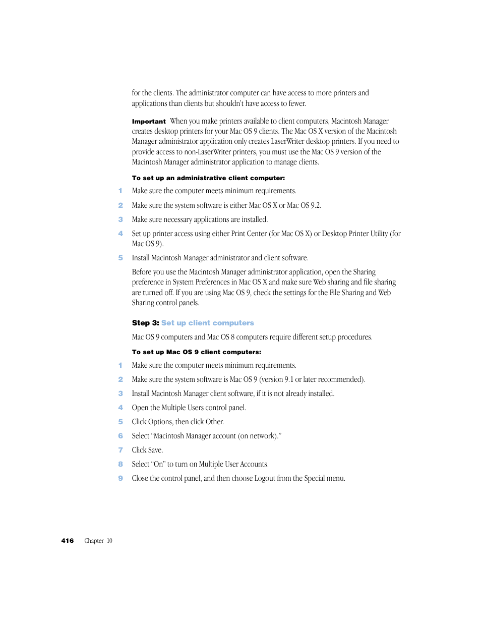 Step 3: set up client computers | Apple Mac OS X Server (Administrator’s Guide) User Manual | Page 416 / 622