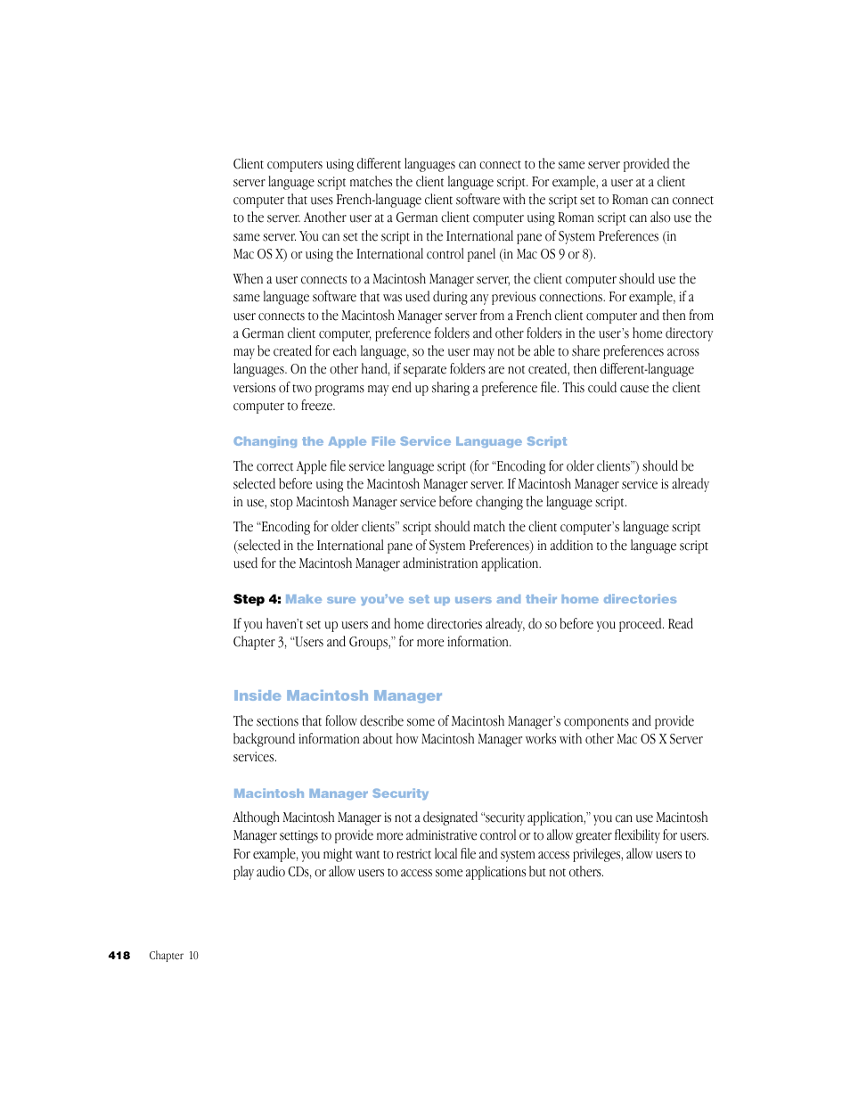 Changing the apple file service language script, Inside macintosh manager, Macintosh manager security | Apple Mac OS X Server (Administrator’s Guide) User Manual | Page 418 / 622
