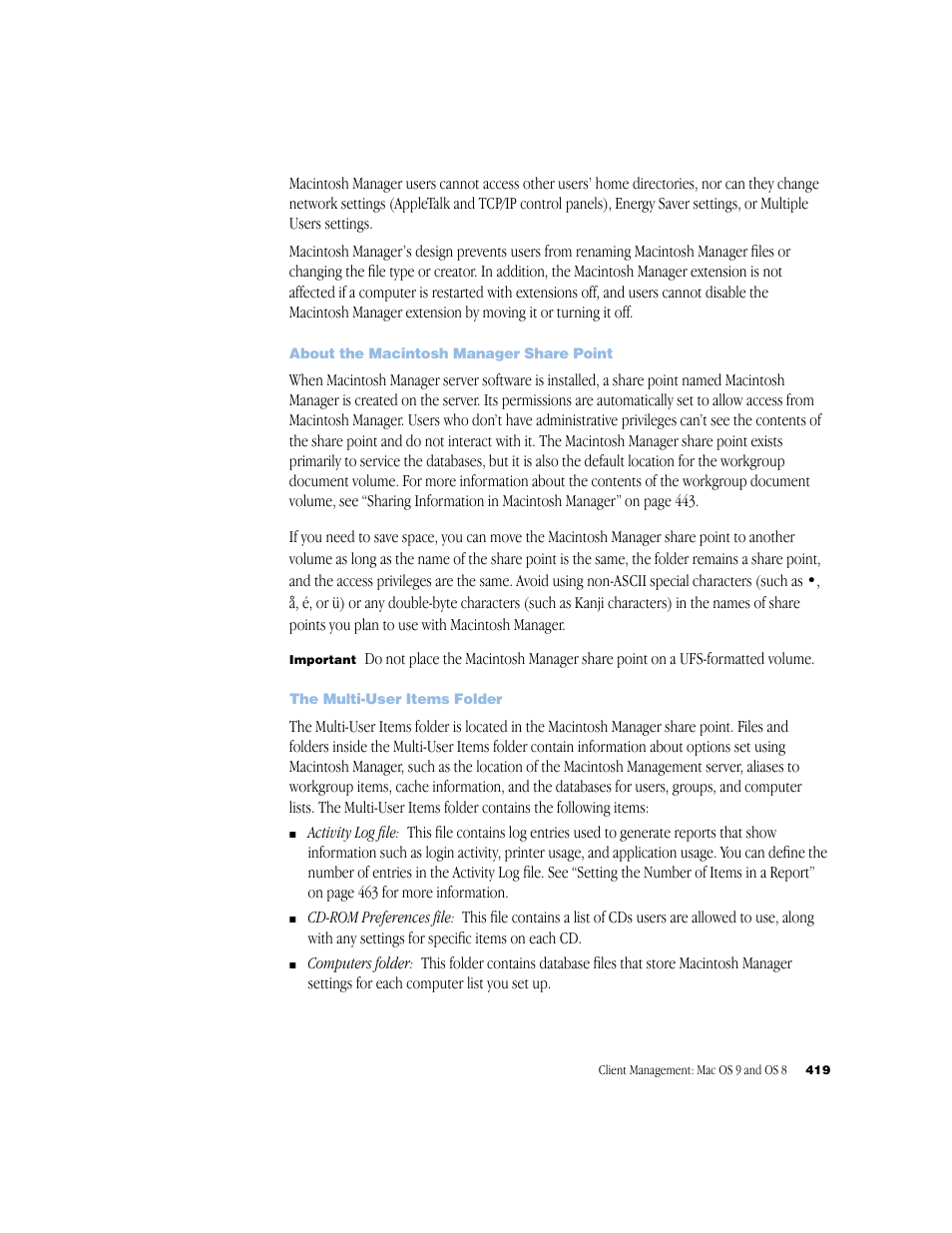 About the macintosh manager share point, The multi-user items folder | Apple Mac OS X Server (Administrator’s Guide) User Manual | Page 419 / 622