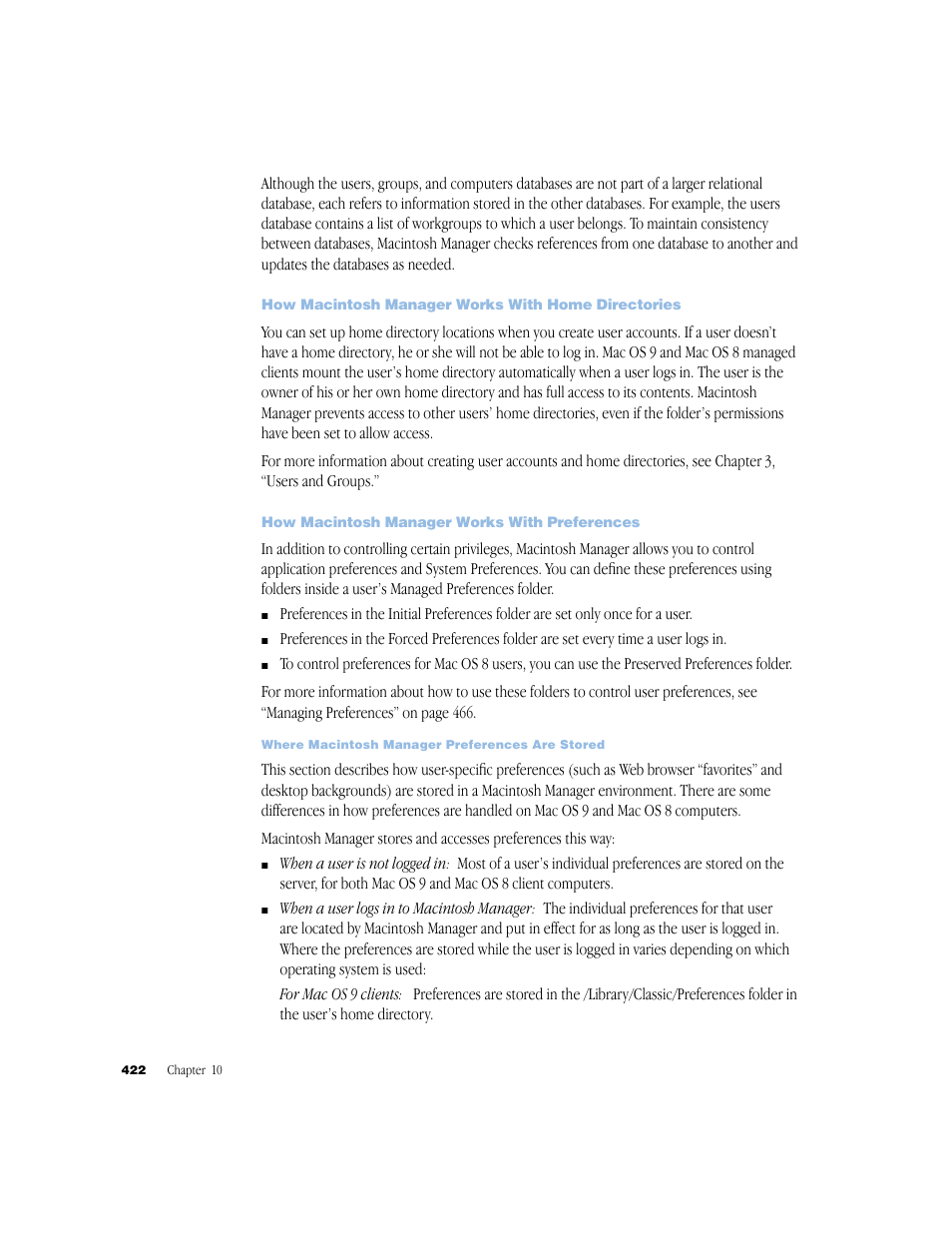 How macintosh manager works with home directories, How macintosh manager works with preferences | Apple Mac OS X Server (Administrator’s Guide) User Manual | Page 422 / 622