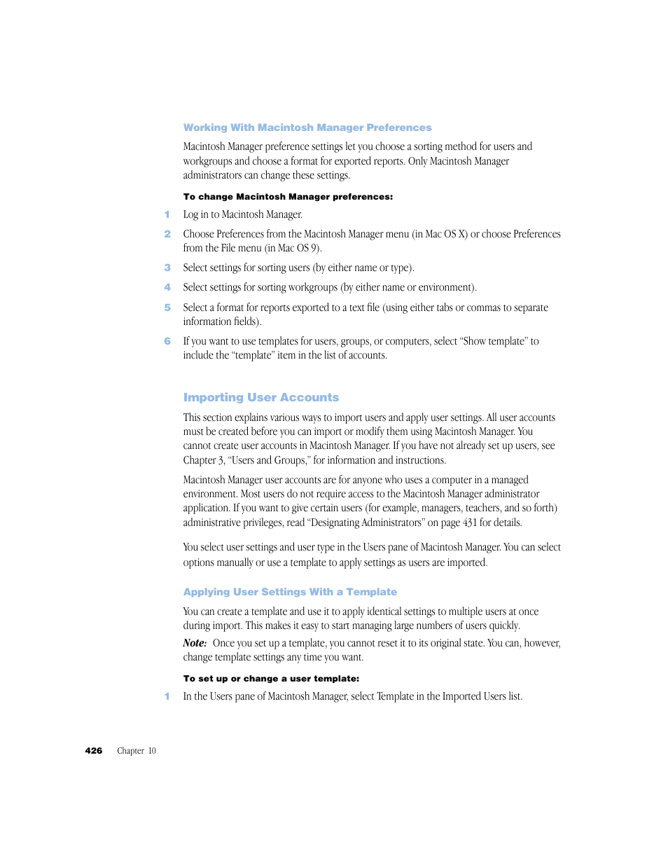 Working with macintosh manager preferences, Importing user accounts, Applying user settings with a template | Apple Mac OS X Server (Administrator’s Guide) User Manual | Page 426 / 622