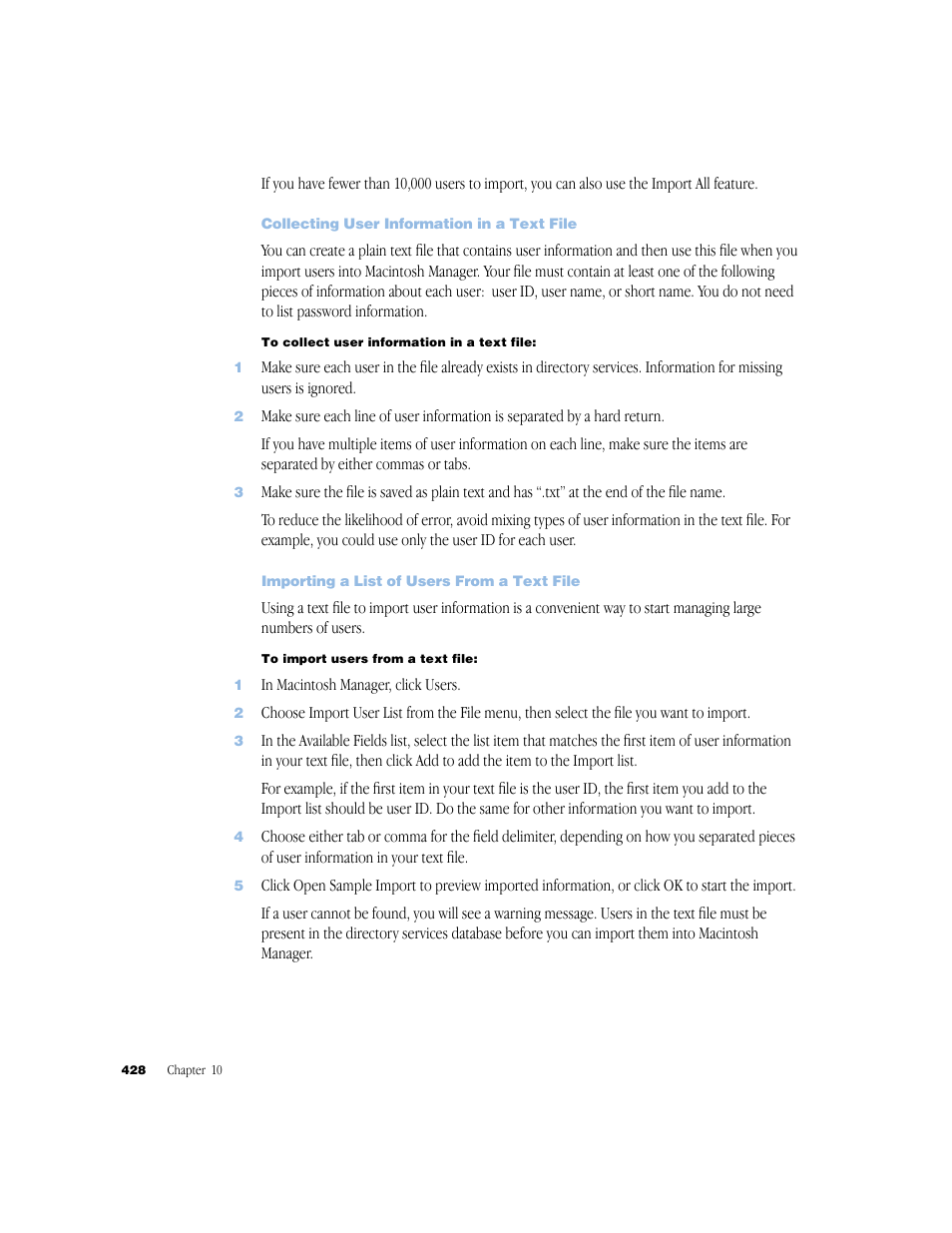 Collecting user information in a text file, Importing a list of users from a text file | Apple Mac OS X Server (Administrator’s Guide) User Manual | Page 428 / 622