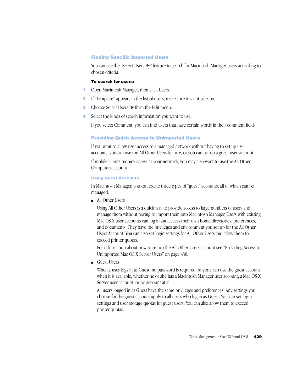 Finding specific imported users, Providing quick access to unimported users | Apple Mac OS X Server (Administrator’s Guide) User Manual | Page 429 / 622