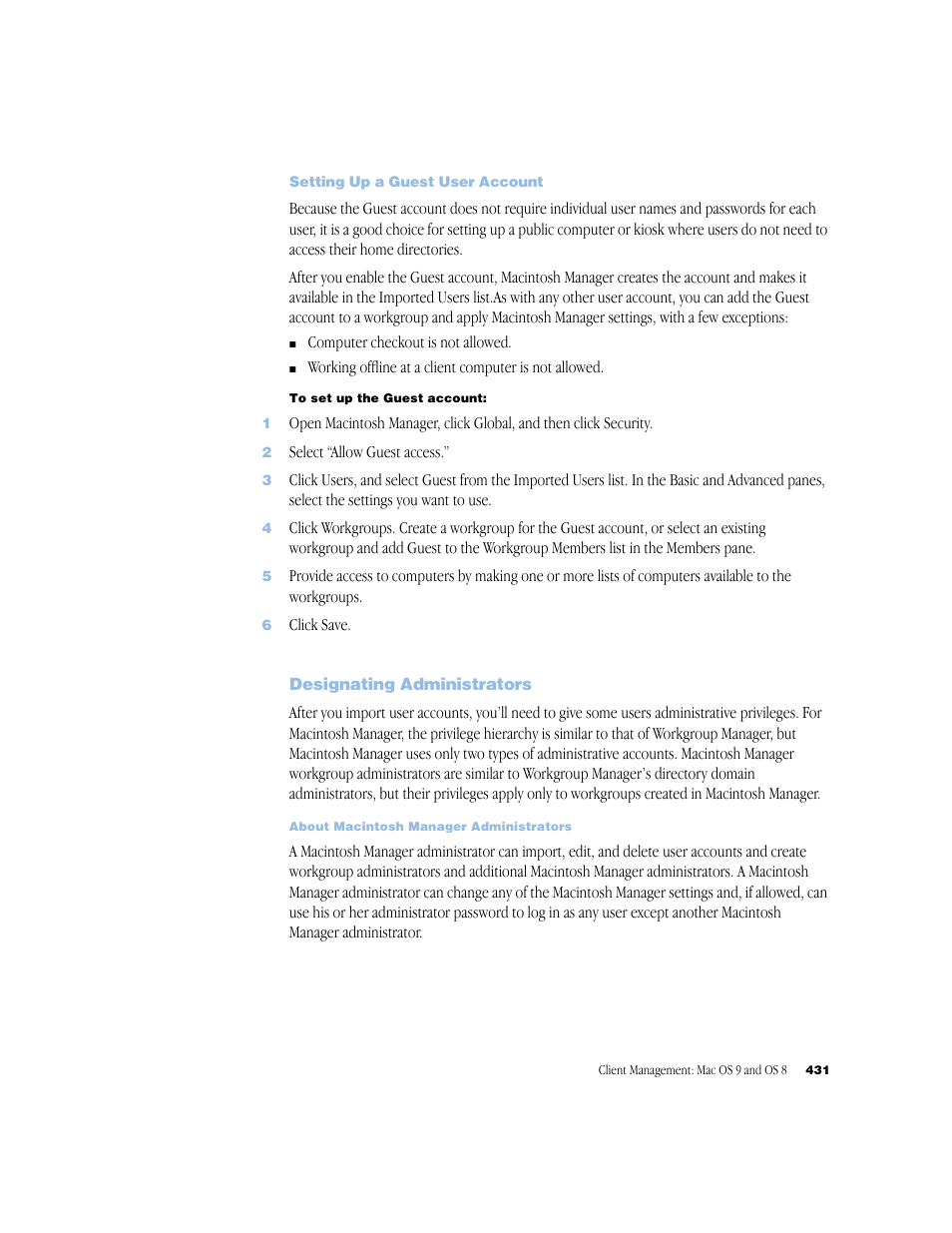 Setting up a guest user account, Designating administrators | Apple Mac OS X Server (Administrator’s Guide) User Manual | Page 431 / 622