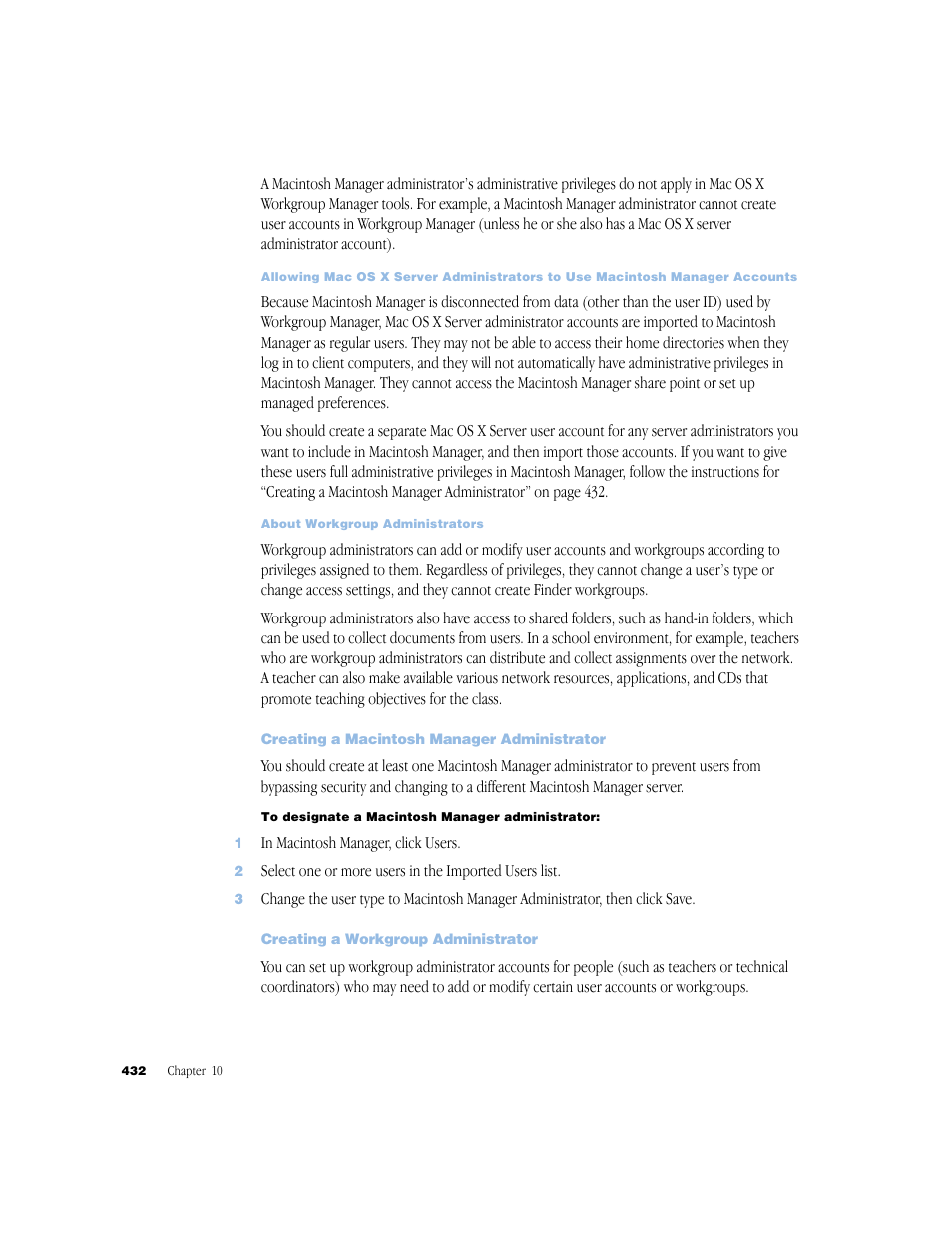 Creating a macintosh manager administrator, Creating a workgroup administrator | Apple Mac OS X Server (Administrator’s Guide) User Manual | Page 432 / 622