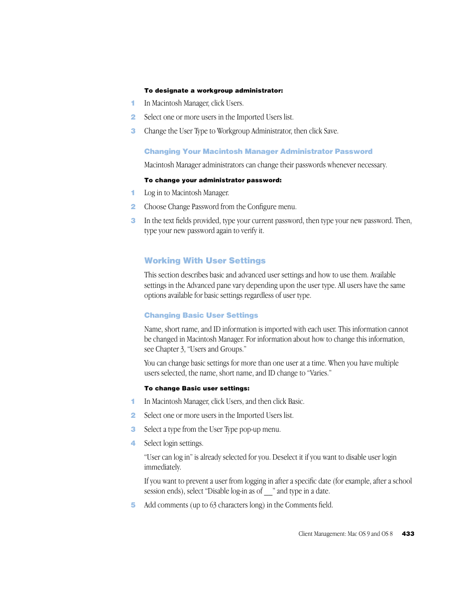 Working with user settings, Changing basic user settings | Apple Mac OS X Server (Administrator’s Guide) User Manual | Page 433 / 622