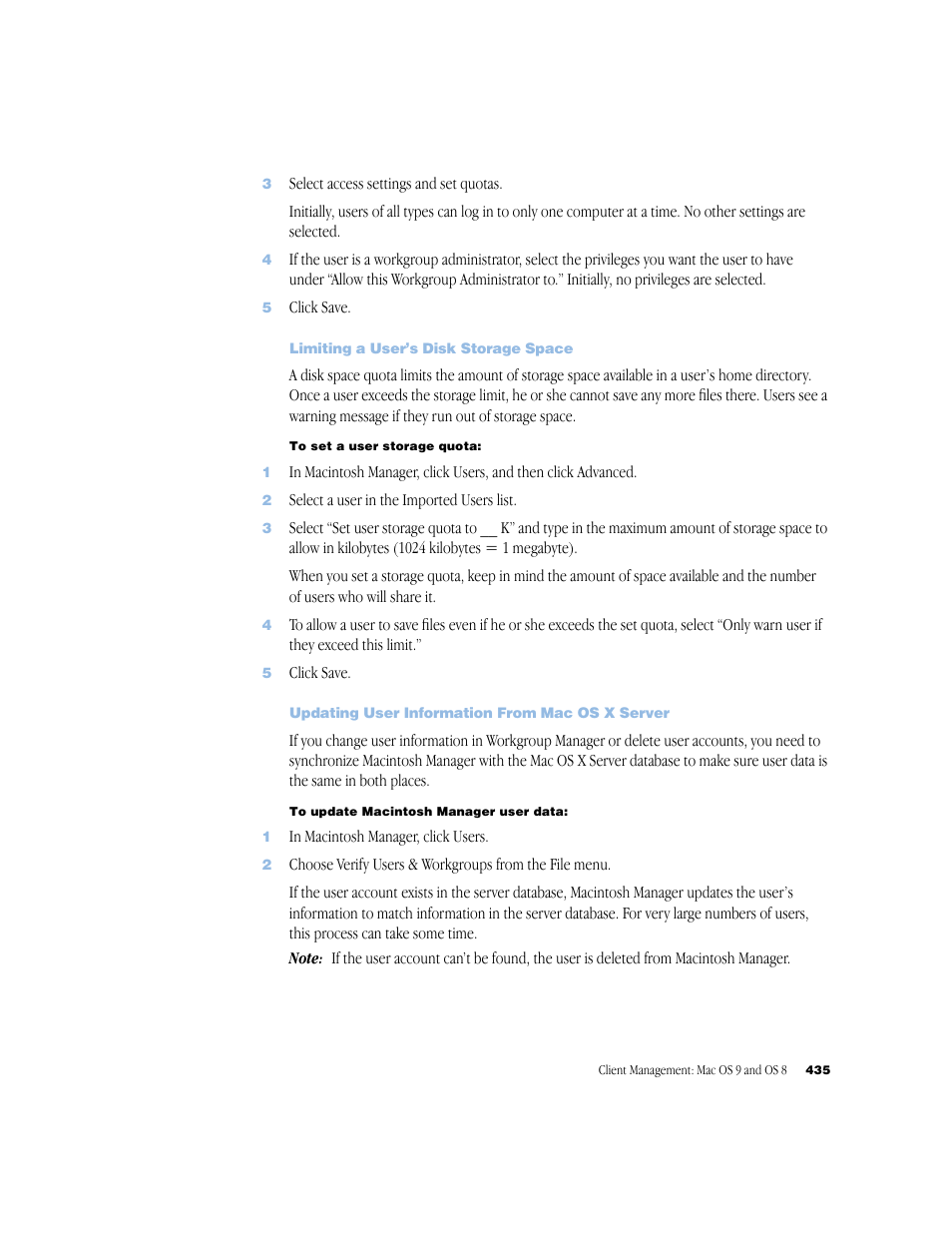 Limiting a user’s disk storage space, Updating user information from mac os x server | Apple Mac OS X Server (Administrator’s Guide) User Manual | Page 435 / 622