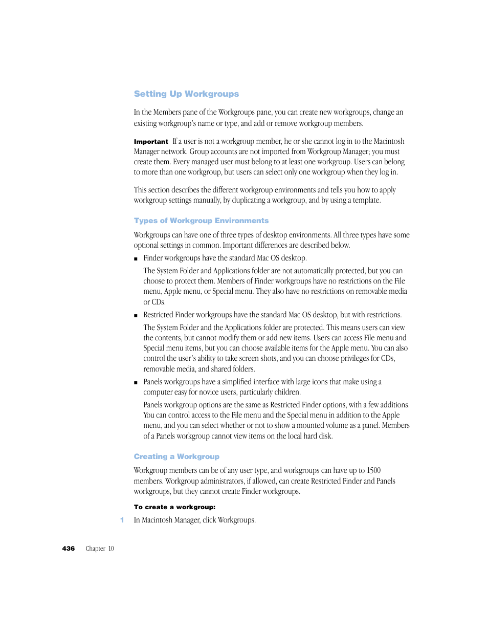 Setting up workgroups, Types of workgroup environments, Creating a workgroup | Apple Mac OS X Server (Administrator’s Guide) User Manual | Page 436 / 622