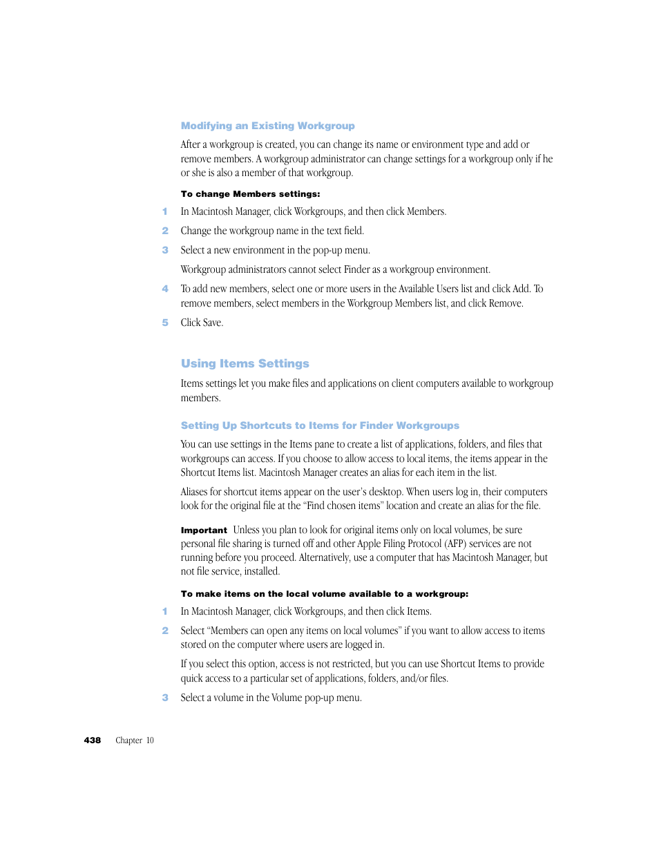 Modifying an existing workgroup, Using items settings | Apple Mac OS X Server (Administrator’s Guide) User Manual | Page 438 / 622