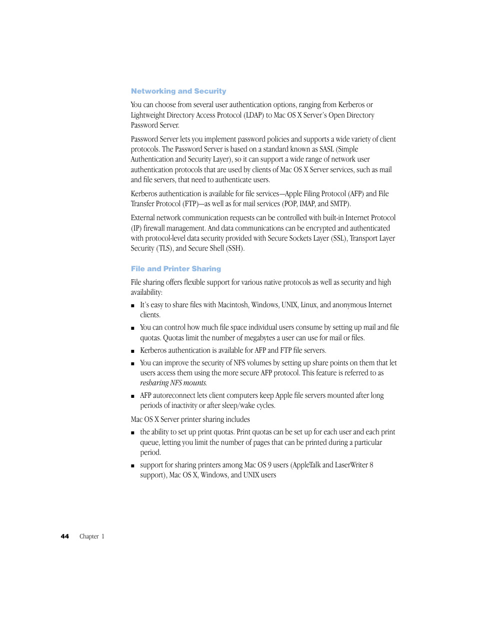 Networking and security, File and printer sharing | Apple Mac OS X Server (Administrator’s Guide) User Manual | Page 44 / 622