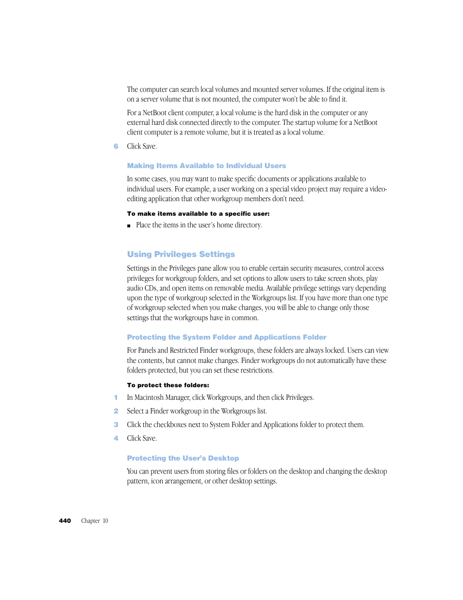 Making items available to individual users, Using privileges settings, Protecting the user’s desktop | Apple Mac OS X Server (Administrator’s Guide) User Manual | Page 440 / 622