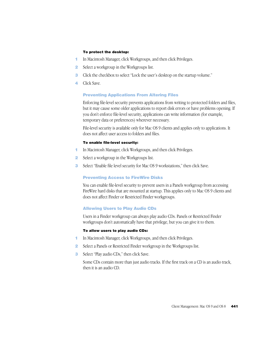Preventing applications from altering files, Preventing access to firewire disks, Allowing users to play audio cds | Apple Mac OS X Server (Administrator’s Guide) User Manual | Page 441 / 622