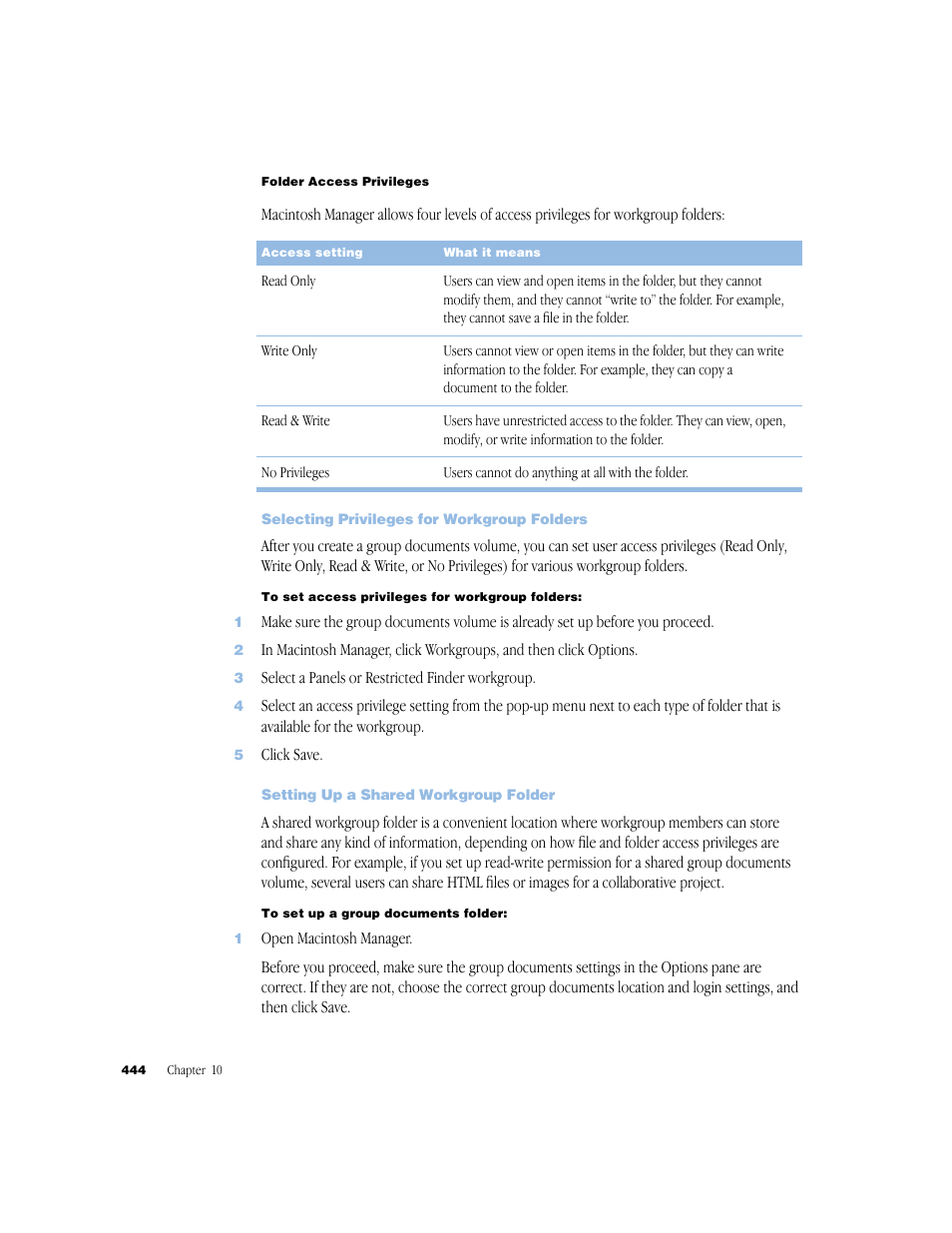 Selecting privileges for workgroup folders, Setting up a shared workgroup folder | Apple Mac OS X Server (Administrator’s Guide) User Manual | Page 444 / 622