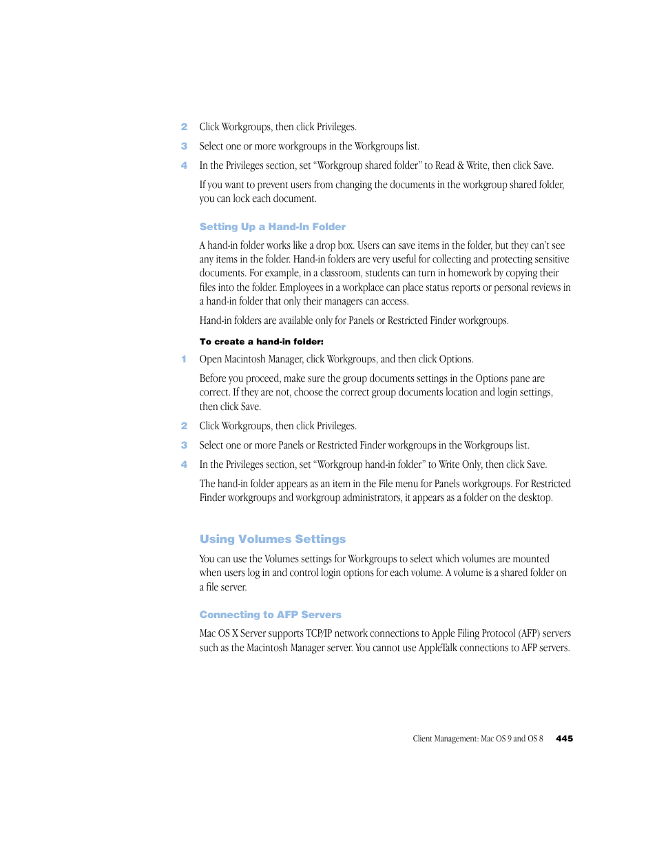 Setting up a hand-in folder, Using volumes settings, Connecting to afp servers | Apple Mac OS X Server (Administrator’s Guide) User Manual | Page 445 / 622