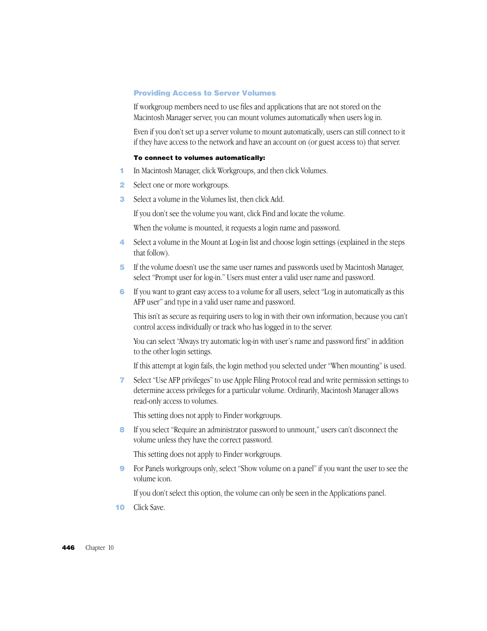 Providing access to server volumes | Apple Mac OS X Server (Administrator’s Guide) User Manual | Page 446 / 622