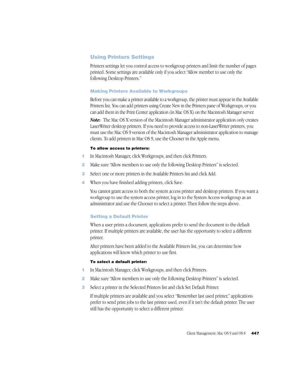 Using printers settings, Making printers available to workgroups, Setting a default printer | Apple Mac OS X Server (Administrator’s Guide) User Manual | Page 447 / 622