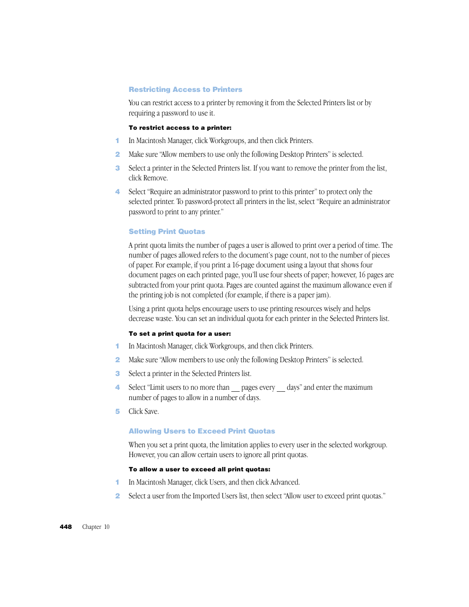 Restricting access to printers, Setting print quotas, Allowing users to exceed print quotas | Apple Mac OS X Server (Administrator’s Guide) User Manual | Page 448 / 622