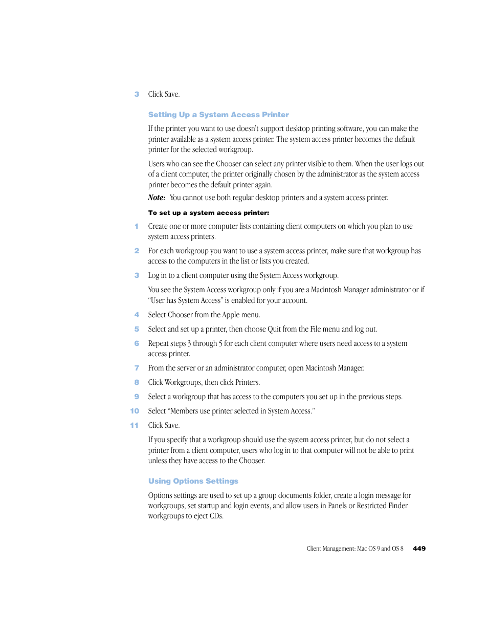 Setting up a system access printer, Using options settings | Apple Mac OS X Server (Administrator’s Guide) User Manual | Page 449 / 622