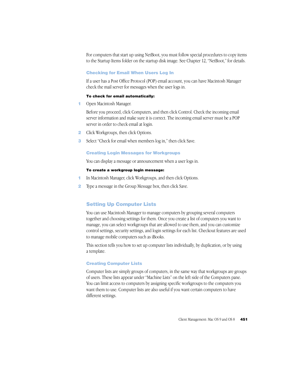Checking for email when users log in, Creating login messages for workgroups, Setting up computer lists | Creating computer lists | Apple Mac OS X Server (Administrator’s Guide) User Manual | Page 451 / 622