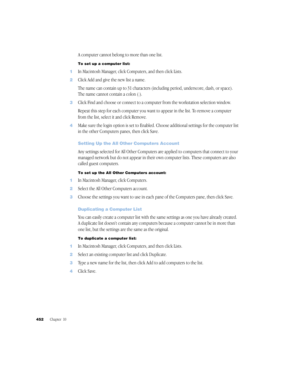 Setting up the all other computers account, Duplicating a computer list | Apple Mac OS X Server (Administrator’s Guide) User Manual | Page 452 / 622