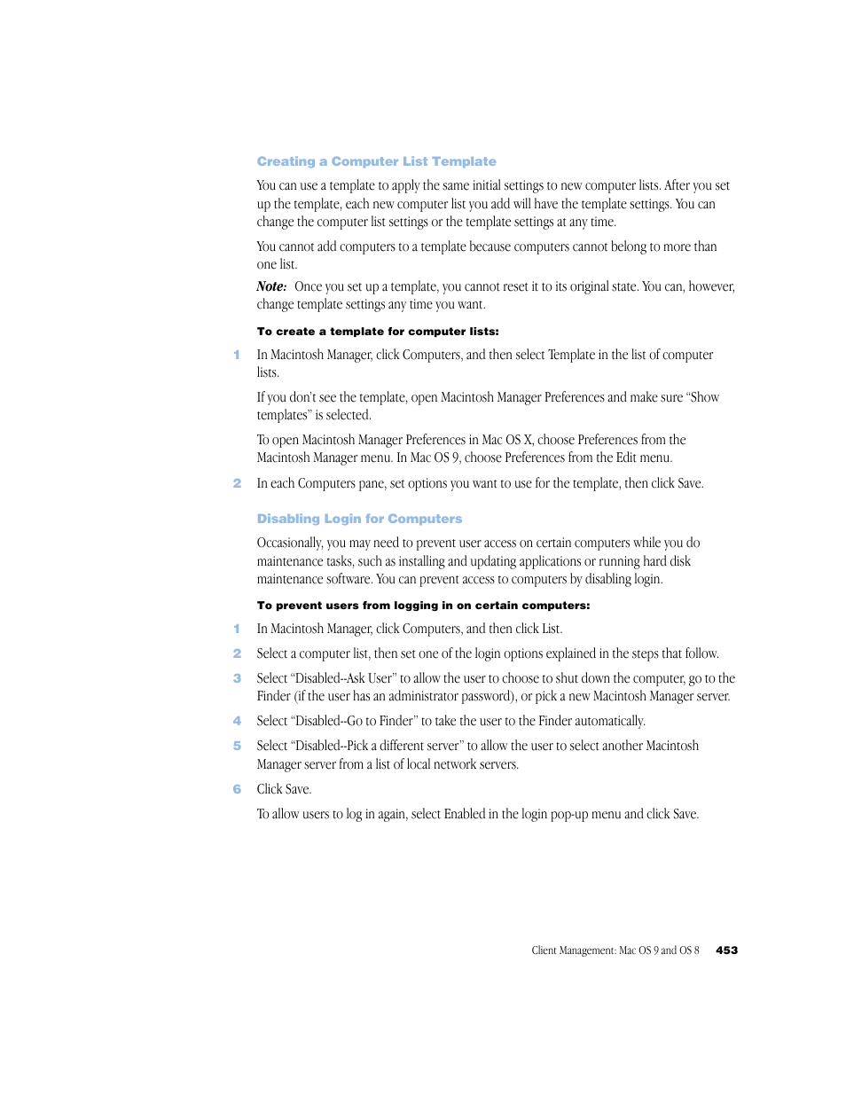 Creating a computer list template, Disabling login for computers | Apple Mac OS X Server (Administrator’s Guide) User Manual | Page 453 / 622