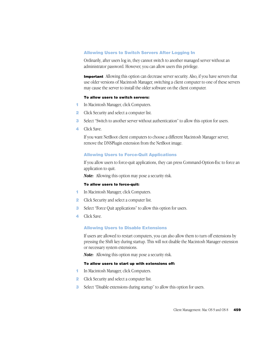 Allowing users to switch servers after logging in, Allowing users to force-quit applications, Allowing users to disable extensions | Apple Mac OS X Server (Administrator’s Guide) User Manual | Page 459 / 622