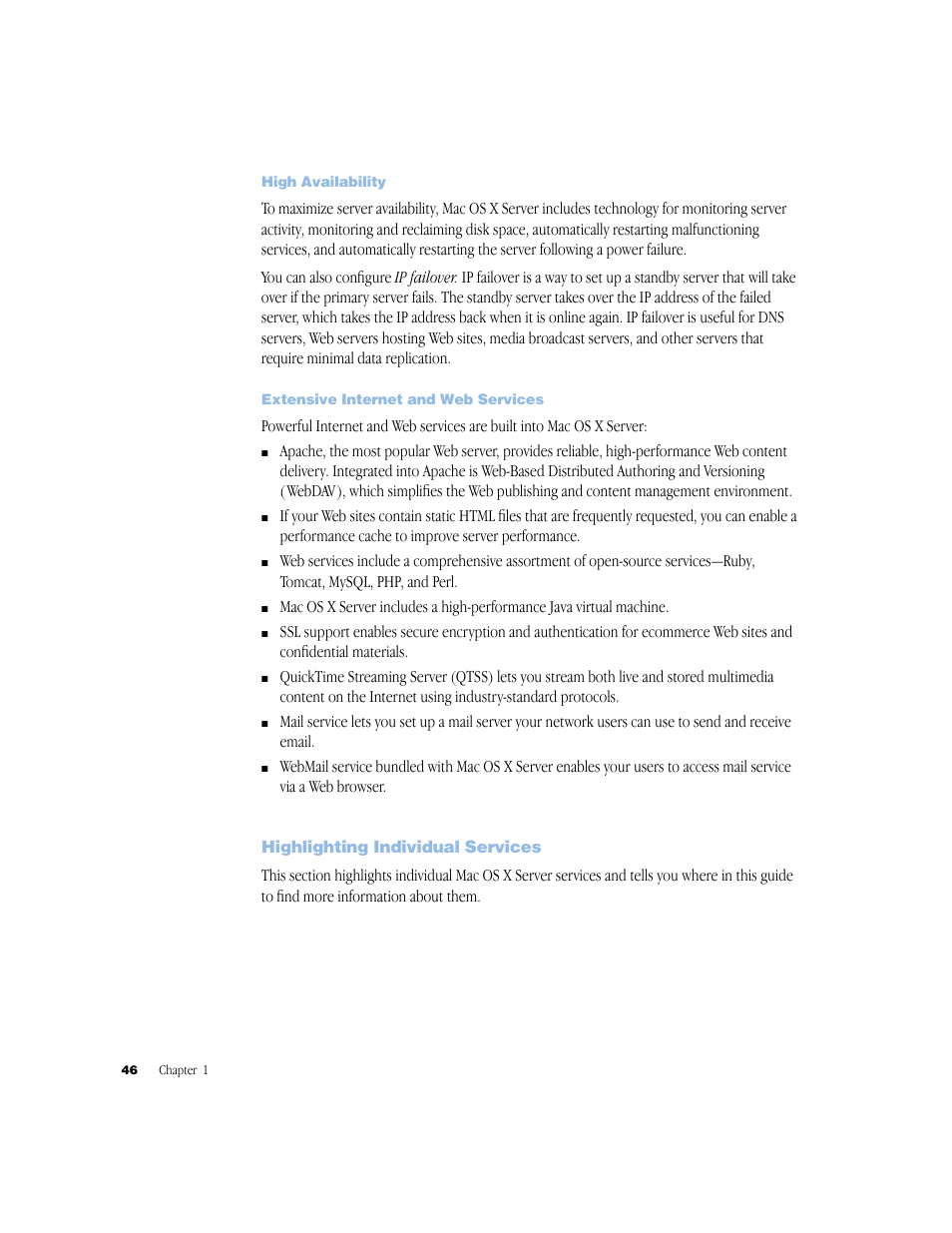 High availability, Extensive internet and web services, Highlighting individual services | Apple Mac OS X Server (Administrator’s Guide) User Manual | Page 46 / 622