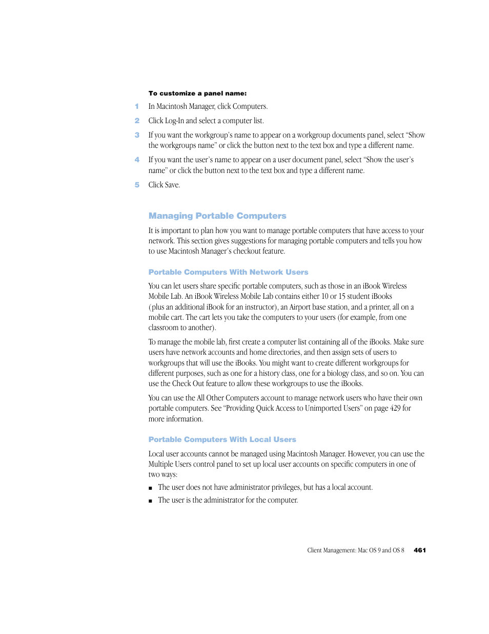 Managing portable computers, Portable computers with network users, Portable computers with local users | Apple Mac OS X Server (Administrator’s Guide) User Manual | Page 461 / 622