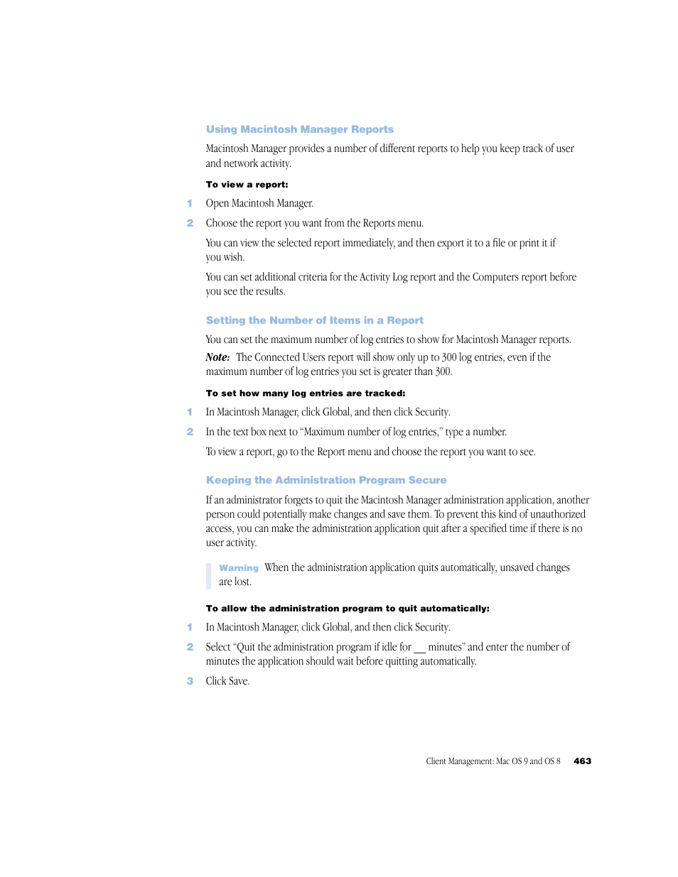 Using macintosh manager reports, Setting the number of items in a report, Keeping the administration program secure | Apple Mac OS X Server (Administrator’s Guide) User Manual | Page 463 / 622