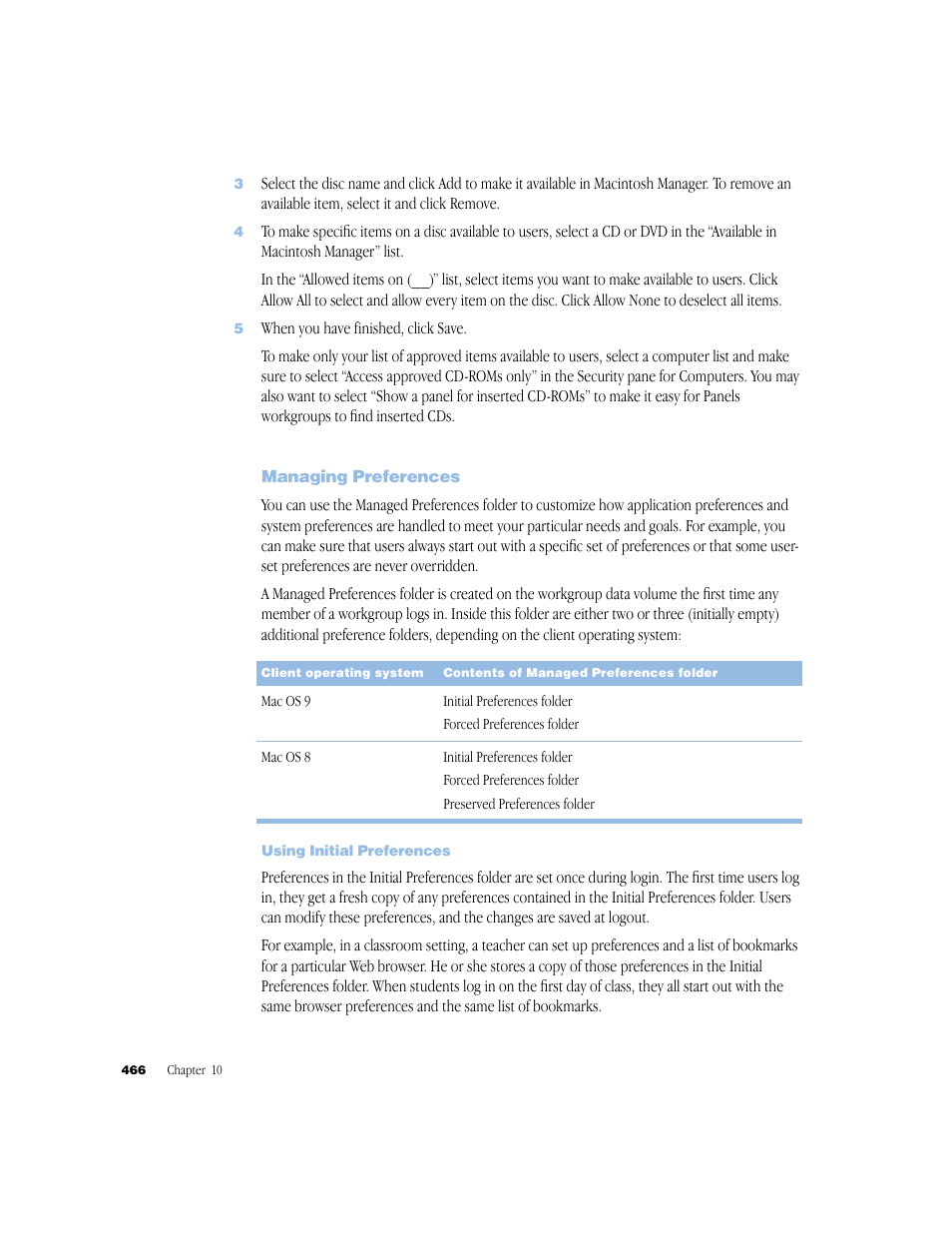 Managing preferences, Using initial preferences | Apple Mac OS X Server (Administrator’s Guide) User Manual | Page 466 / 622