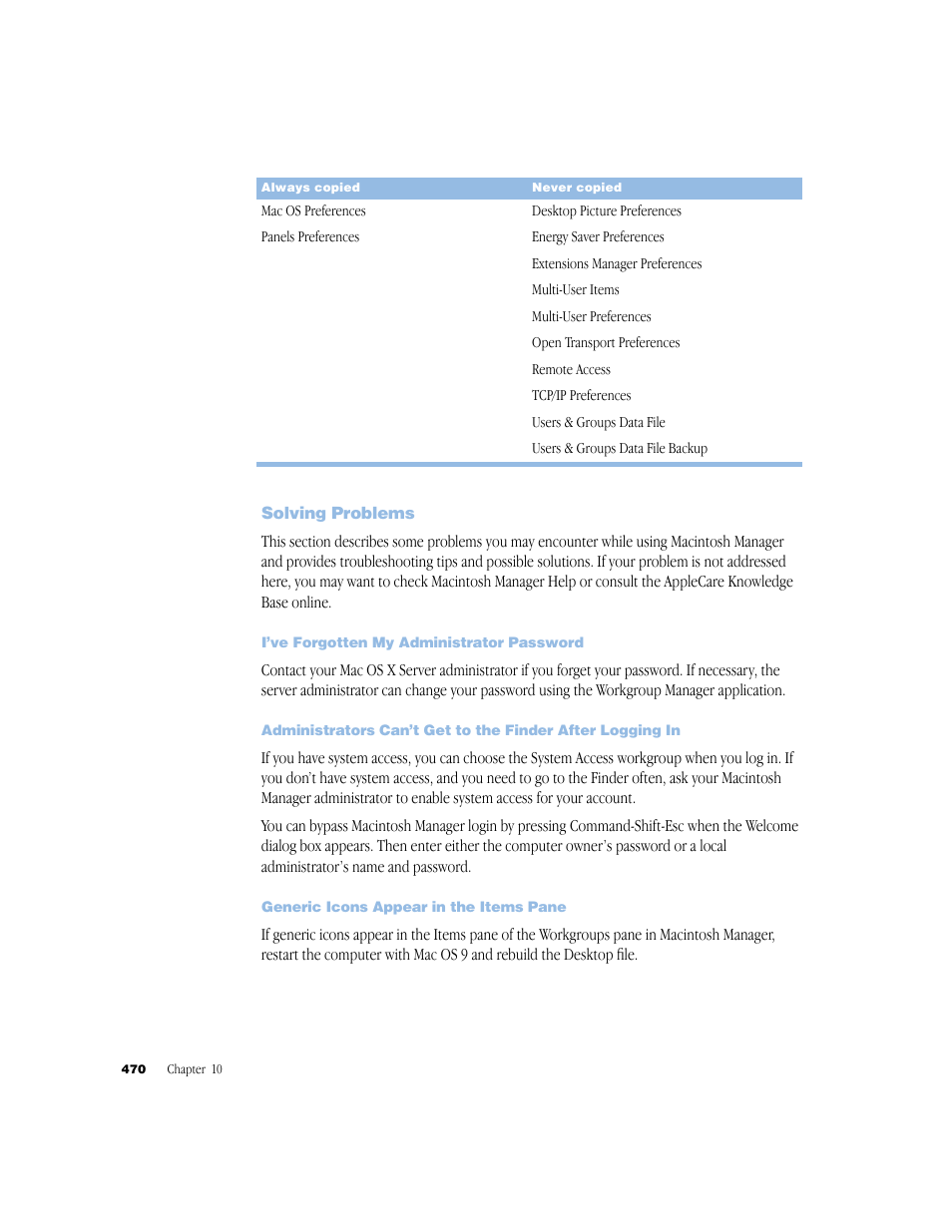 Solving problems, I’ve forgotten my administrator password, Generic icons appear in the items pane | Apple Mac OS X Server (Administrator’s Guide) User Manual | Page 470 / 622