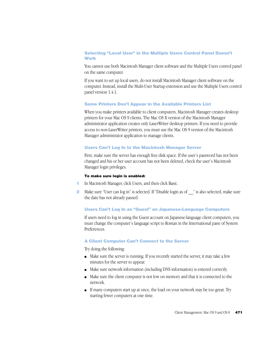 Users can’t log in to the macintosh manager server, A client computer can’t connect to the server | Apple Mac OS X Server (Administrator’s Guide) User Manual | Page 471 / 622