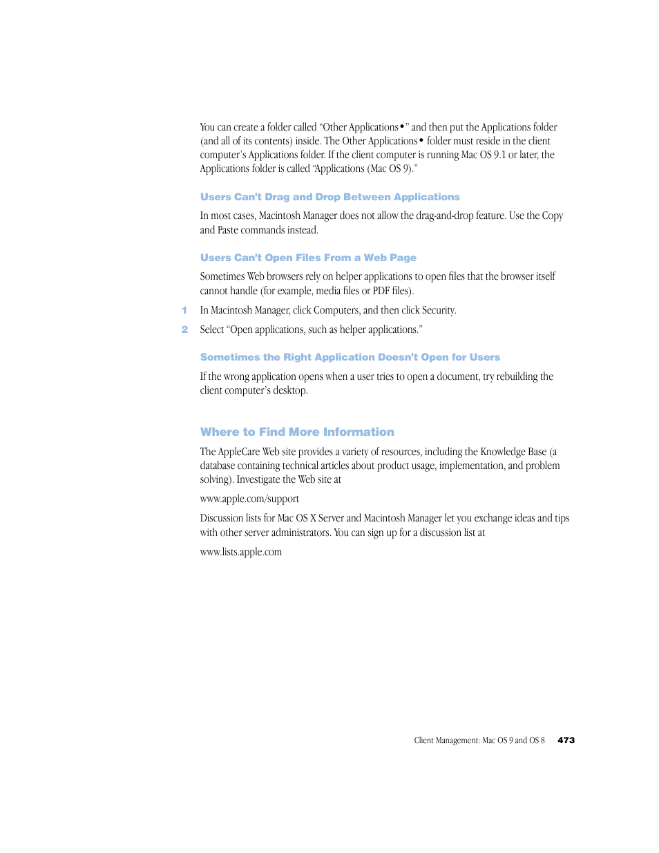 Users can’t drag and drop between applications, Where to find more information | Apple Mac OS X Server (Administrator’s Guide) User Manual | Page 473 / 622