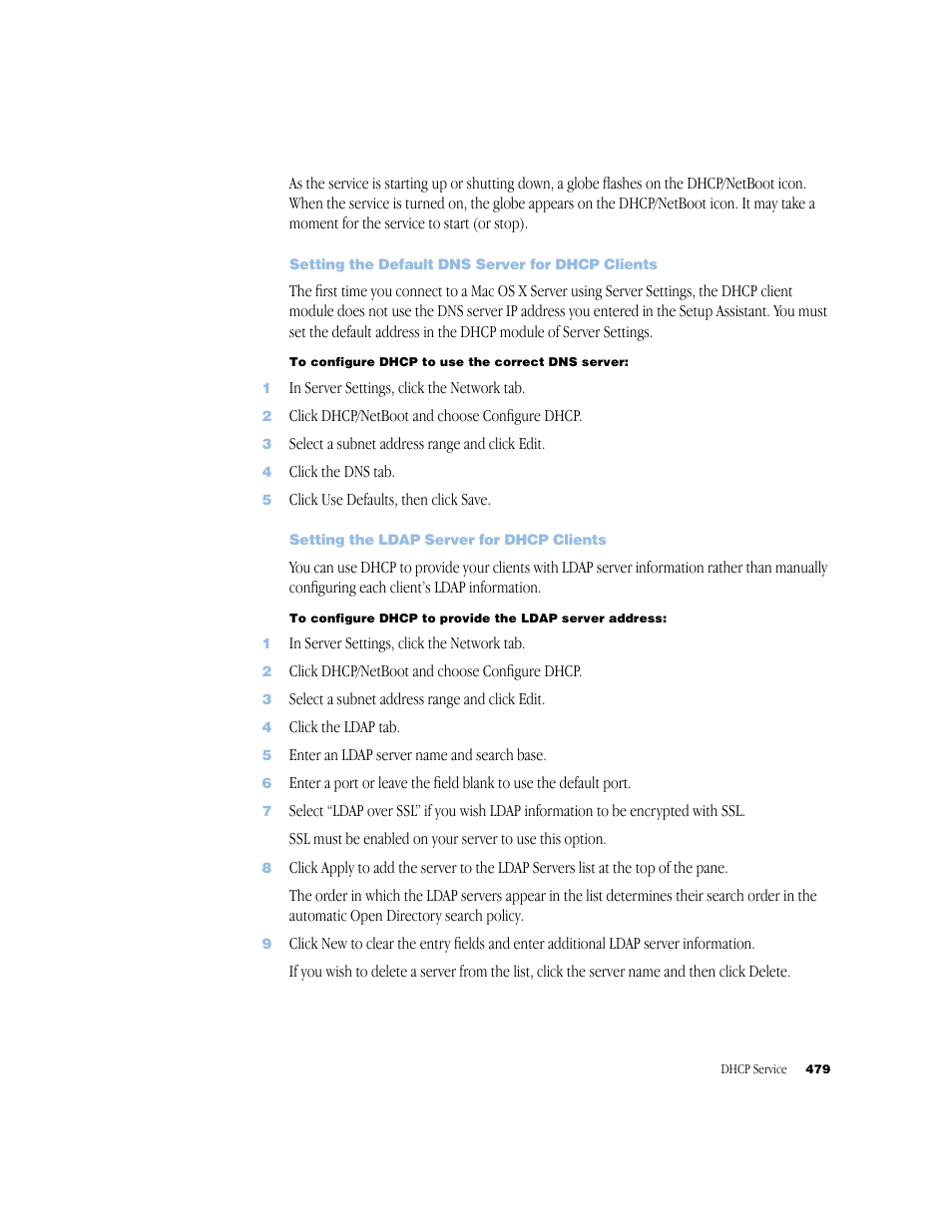 Setting the default dns server for dhcp clients, Setting the ldap server for dhcp clients | Apple Mac OS X Server (Administrator’s Guide) User Manual | Page 479 / 622