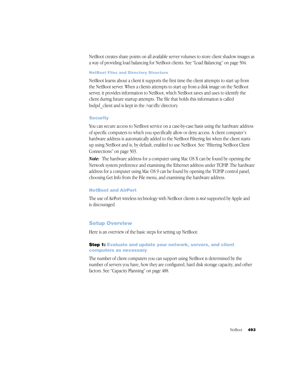 Security, Netboot and airport, Setup overview | Apple Mac OS X Server (Administrator’s Guide) User Manual | Page 493 / 622