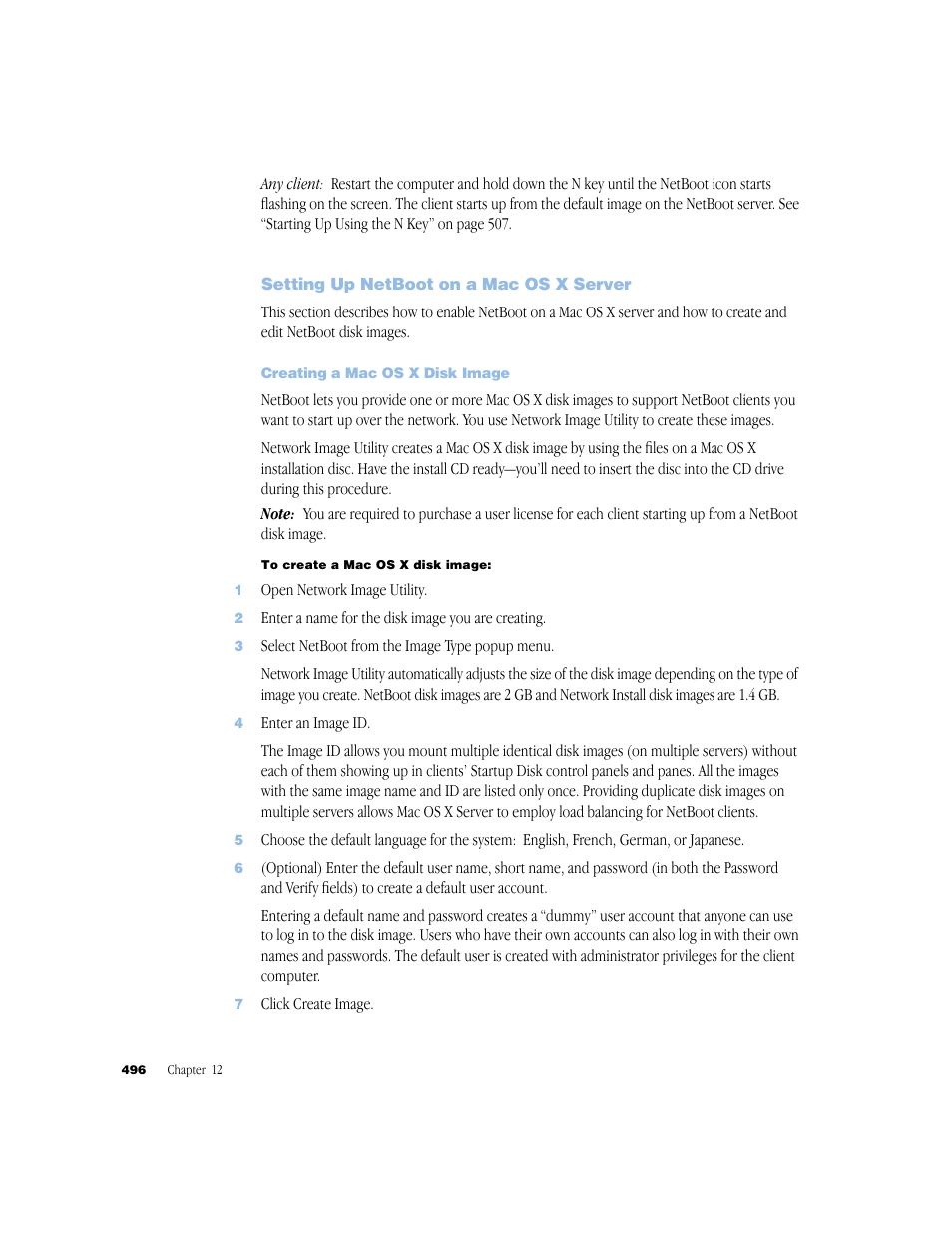 Setting up netboot on a mac os x server, Creating a mac os x disk image | Apple Mac OS X Server (Administrator’s Guide) User Manual | Page 496 / 622