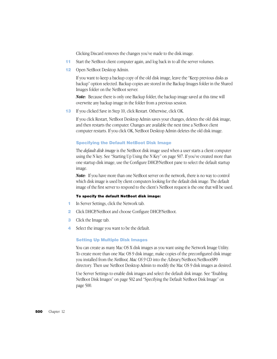 Specifying the default netboot disk image, Setting up multiple disk images | Apple Mac OS X Server (Administrator’s Guide) User Manual | Page 500 / 622