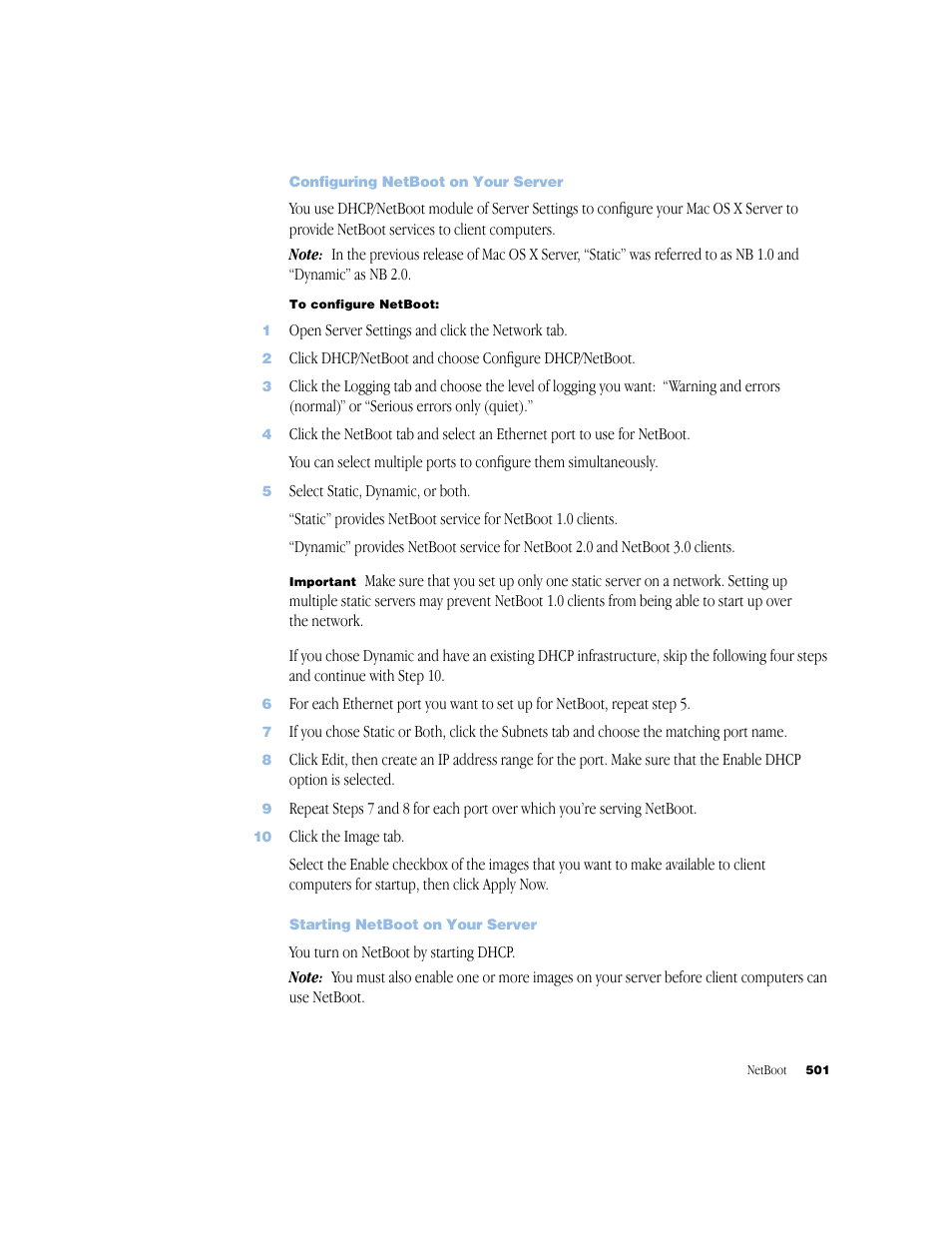 Configuring netboot on your server, Starting netboot on your server | Apple Mac OS X Server (Administrator’s Guide) User Manual | Page 501 / 622