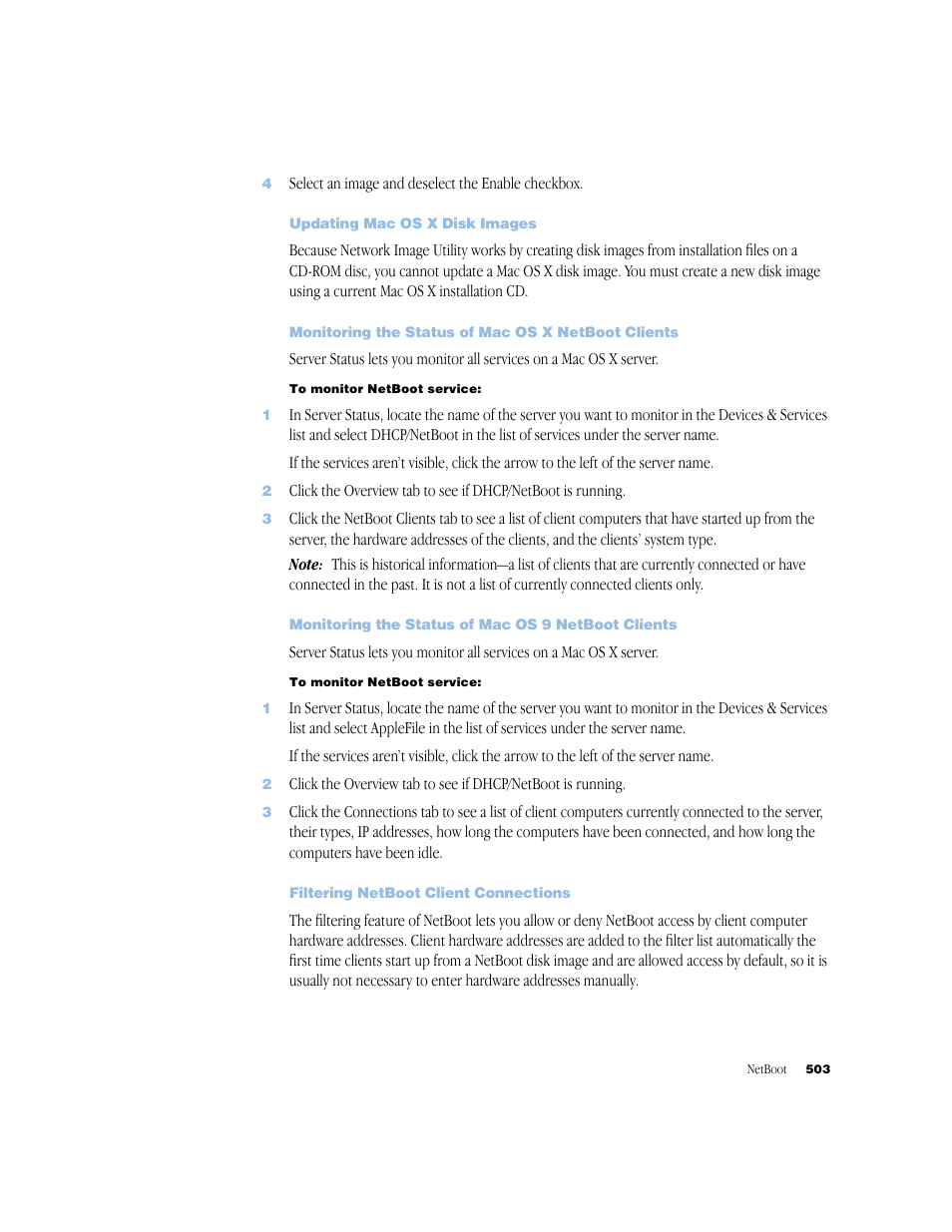 Updating mac os x disk images, Monitoring the status of mac os x netboot clients, Monitoring the status of mac os 9 netboot clients | Filtering netboot client connections | Apple Mac OS X Server (Administrator’s Guide) User Manual | Page 503 / 622