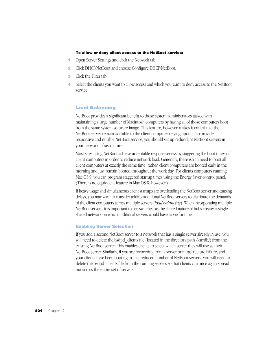 Load balancing, Enabling server selection | Apple Mac OS X Server (Administrator’s Guide) User Manual | Page 504 / 622