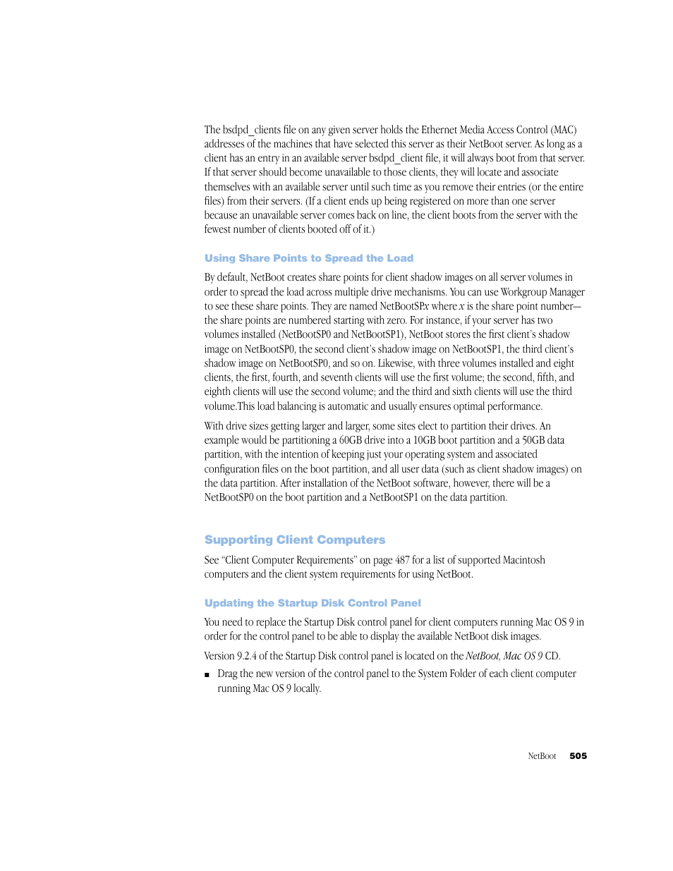 Using share points to spread the load, Supporting client computers, Updating the startup disk control panel | Apple Mac OS X Server (Administrator’s Guide) User Manual | Page 505 / 622