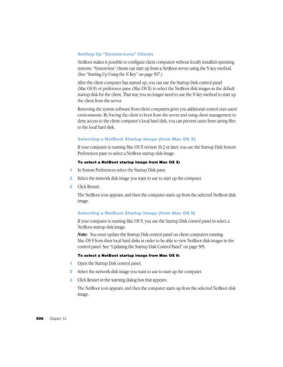 Setting up “system-less” clients, Selecting a netboot startup image (from mac os x), Selecting a netboot startup image (from mac os 9) | Apple Mac OS X Server (Administrator’s Guide) User Manual | Page 506 / 622